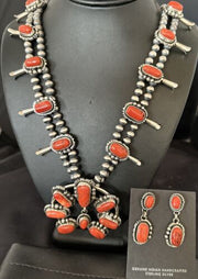 Navajo Red Coral Naja Pendant | Sterling Silver Squash Blossom Necklace & Earrings | 17047