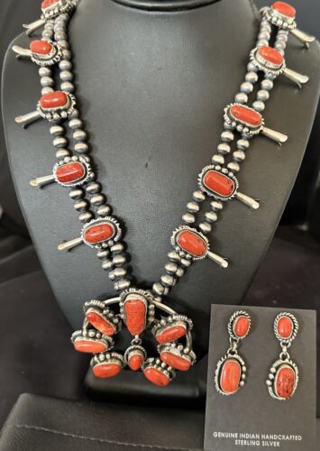 Navajo Red Coral Naja Pendant | Sterling Silver Squash Blossom Necklace & Earrings | 17047