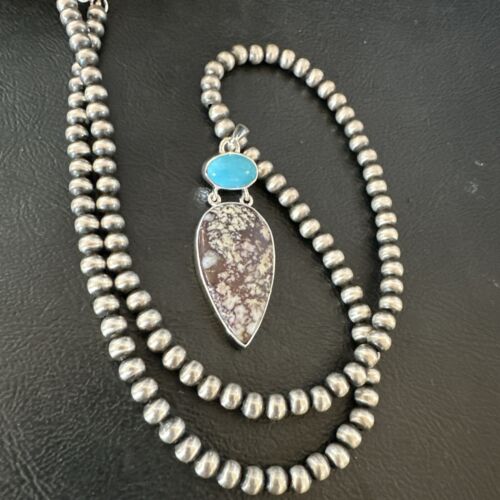 Navajo Wild Horse | Blue Kingman Turquoise Necklace | Sterling Silver | Authentic Native American Handmade | 17316