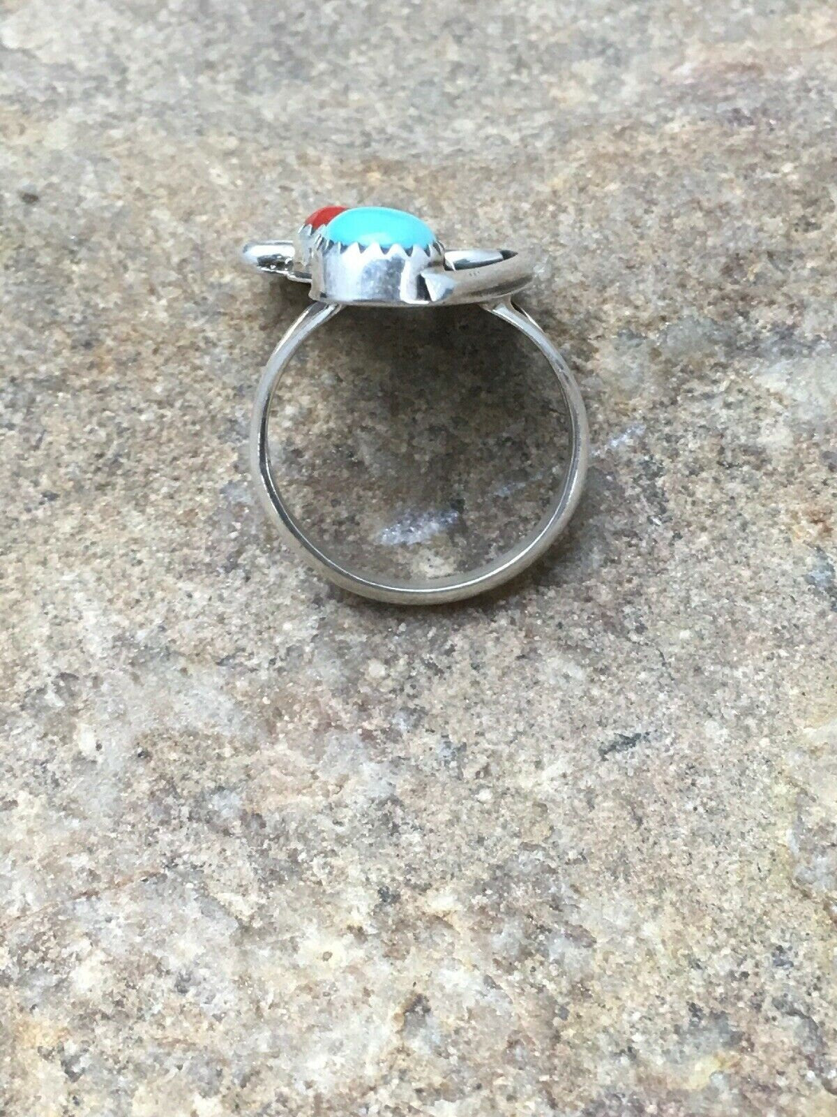 Navajo Blue Turquoise Coral Ring | Authentic Native American Sterling Silver | Multi-Stone | Sz 7 | 2807