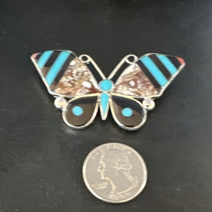 Zuni Butterfly Wild Horse Turquoise Onyx Inlay Pin Pendant | Sterling Silver | Authentic Native American Handmade | 15153