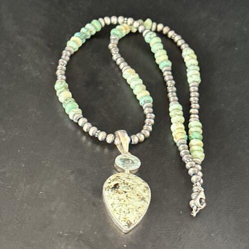 Navajo Green Turquoise Pendant Necklace | Sterling Silver | 21" | Authentic Native American Handmade | 14473