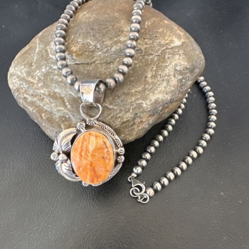 Women's Orange Spiny Oyster Pendant | Navajo Pearls Sterling Silver Necklace 21" | 16555