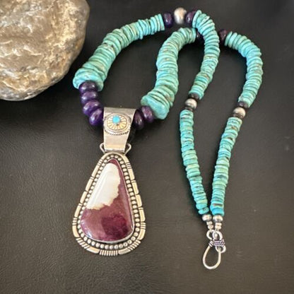 Navajo XL Turquoise Purple Spiny Oyster Pendant Necklace | Sterling Silver | Authentic Native American Handmade | 25" | 17464