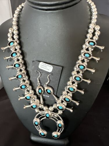 Navajo Kingman Turquoise Shadowbox Squash Blossom Necklace | Sterling Silver | Authentic Native American Handmade | 16089