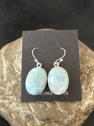 Navajo Blue Larimar Dangle Earrings | Sterling Silver | Authentic Native American Handmade | 17297