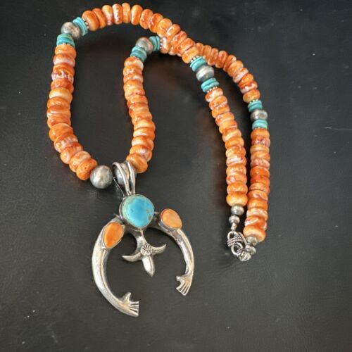Navajo Blue Turquoise Spiny Naja Pendant Necklace | Sterling Silver | 23" | Authentic Native American Handmade | 14931