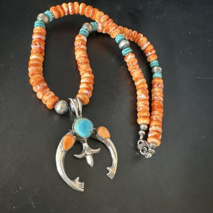 Navajo Blue Turquoise Spiny Naja Pendant Necklace | Sterling Silver | 23" | Authentic Native American Handmade | 14931