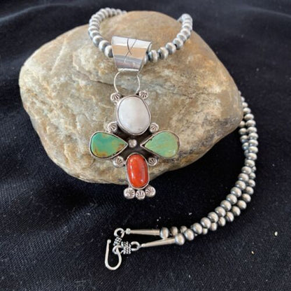Navajo Turquoise & Coral Naja Pendant Necklace | Sterling Silver | Native American Handmade | 1477