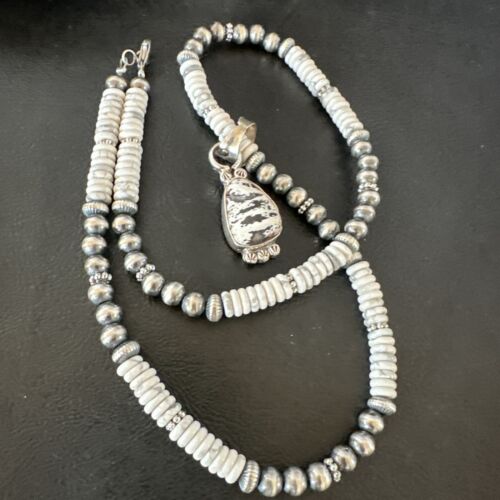 Navajo White Buffalo Turquoise Pendant Necklace | Sterling Silver | Authentic Native American Handmade | 17349