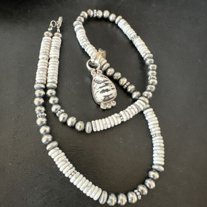 Navajo White Buffalo Turquoise Pendant Necklace | Sterling Silver | Authentic Native American Handmade | 17349