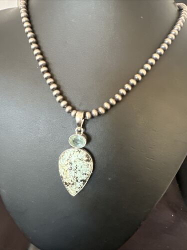 Navajo Dry Creek Turquoise Topaz Pendant Necklace | Sterling Silver | Authentic Native American Handmade | 16443
