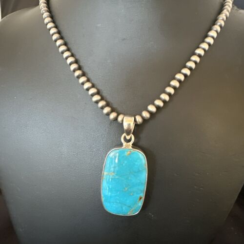 Blue Kingman Turquoise Pendant | Navajo Pearls | Sterling Silver Necklace 20" | 16996
