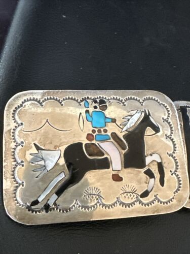 Ultra Rare Zuni Sun Face Inlay Belt | Turquoise Onyx | Sterling Silver | 40" | 17406
