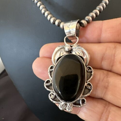 Navajo Pearls Black Onyx Necklace Pendant | Sterling Silver | Authentic Native American Handmade | 16524