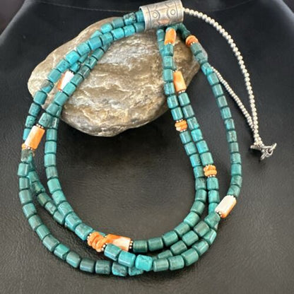 Navajo Blue Turquoise Spiny Oyster Necklace | Sterling Silver | Authentic Native American Handmade | 17535