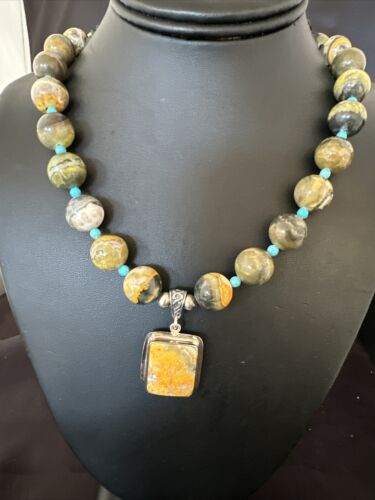 Bumblebee Jasper Pendant | Turquoise Bead | Navajo Sterling Silver Necklace 21" | 15910