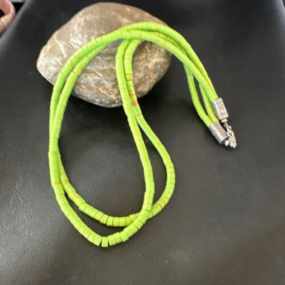 Navajo Green Gaspeite Stabilized Necklace | Sterling Silver | 22" | Authentic Native American Handmade | 16467