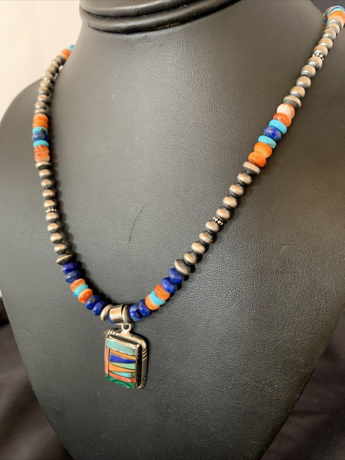 Navajo Native American Multicolor Turquoise Spiny Inlay Pendant Necklace | Sterling Silver | 10335