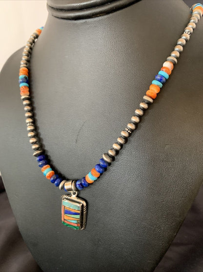 Navajo Native American Multicolor Turquoise Spiny Inlay Pendant Necklace | Sterling Silver | 10335