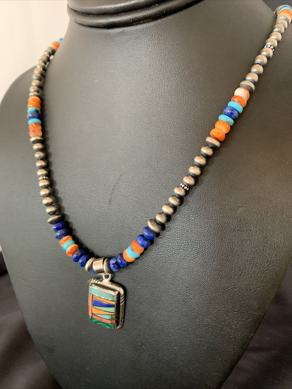 Navajo Native American Multicolor Turquoise Spiny Inlay Pendant Necklace | Sterling Silver | 10335