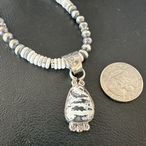 Navajo White Buffalo Turquoise Pendant Necklace | Sterling Silver | Authentic Native American Handmade | 17349