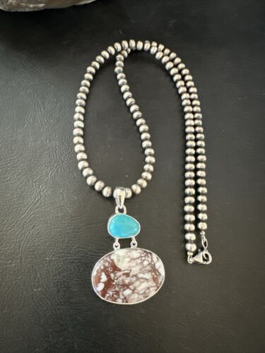 Navajo Wild Horse Blue Kingman Turquoise Necklace | Sterling Silver | Authentic Native American Handmade | 17308
