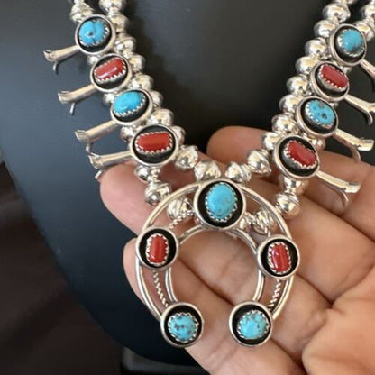 Navajo Coral Kingman Turquoise Squash Blossom Necklace | Sterling Silver | 17" | 10889