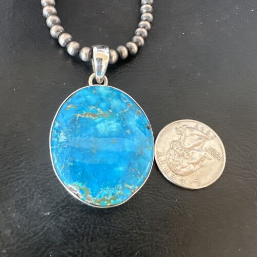 Navajo Blue Kingman Turquoise Pendant Necklace | Sterling Silver | 20" | Authentic Native American Handmade | 16675