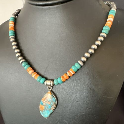 Navajo Spiny Turquoise Pendant Necklace | Sterling Silver | 21" | Authentic Native American Handmade | 17518