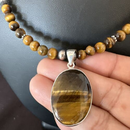 Southwestern Coffee Brown Tiger's Eye Pendant Necklace | Sterling Silver | Native American Handmade | 15867