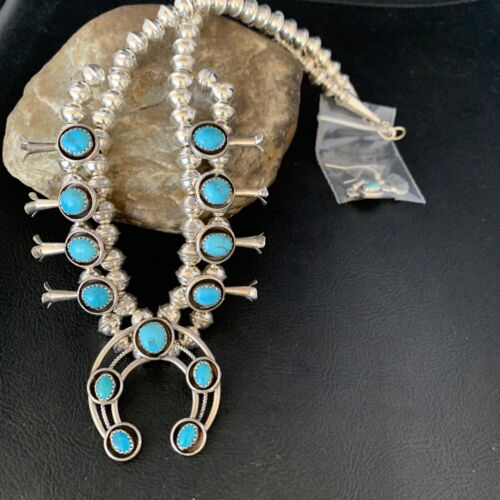 Navajo Kingman Turquoise Shadowbox Squash Blossom Necklace | Sterling Silver | Native American Handmade | 13677