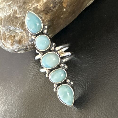 Navajo Blue Larimar Cluster Ring | Authentic Native American Sterling Silver | Multi-Stone | Sz 8.5 | 15935