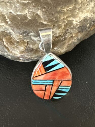 Women's Blue Turquoise & Spiny Oyster Inlay Pendant | Navajo Sterling Silver | Authentic Native American Jewelry | 15196