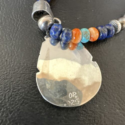 Navajo Lapis Spiny Oyster Turquoise Inlay Pendant Necklace | Sterling Silver | 21" | Authentic Native American Handmade | 16628