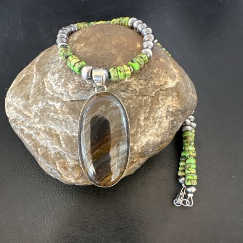 Navajo Green Turquoise Jasper Pendant | Sterling Silver Necklace | Authentic Native American Handmade | 16922