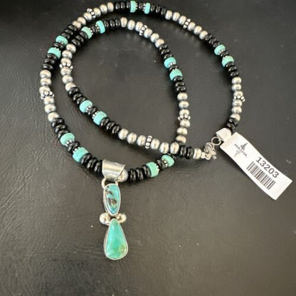 Navajo Men's Blue Turquoise Pendant with Pearls | Sterling Silver Onyx Necklace | Native American Handmade | 13203