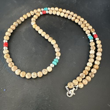 Navajo Turquoise Coral Picture Jasper Necklace | Sterling Silver | 24" | Authentic Native American Handmade | 17607
