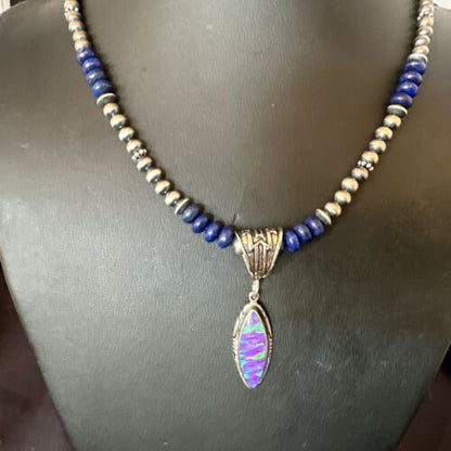 Navajo Lapis Purple Opal Pendant Necklace | Sterling Silver | 20" | Authentic Native American Handmade | 17551