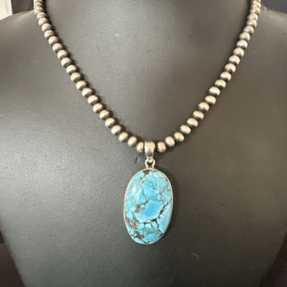 Navajo Blue Spiderweb Turquoise Pendant Necklace | Sterling Silver | Authentic Native American Handmade | 17014