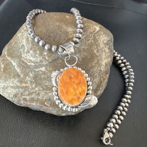 Navajo Orange Spiny Oyster Pendant Necklace | Sterling Silver Pearls | Authentic Native American Handmade | 16553