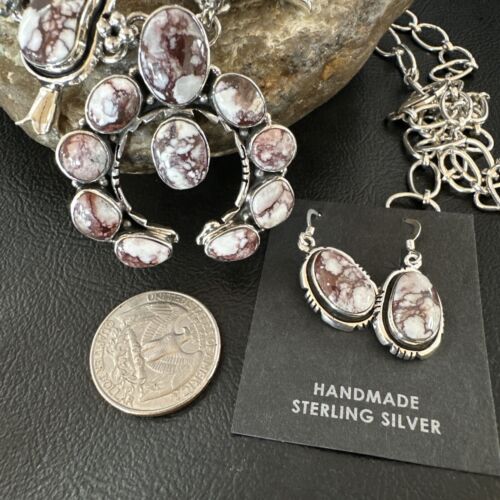 Navajo Squash Blossom Necklace with Wild Horse Turquoise | Sterling Silver Earrings | 16268