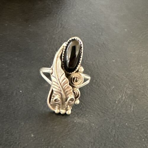 Navajo Black Onyx Ring | Sterling Silver | Sz 7.5 | Authentic Native American Handmade | 15406