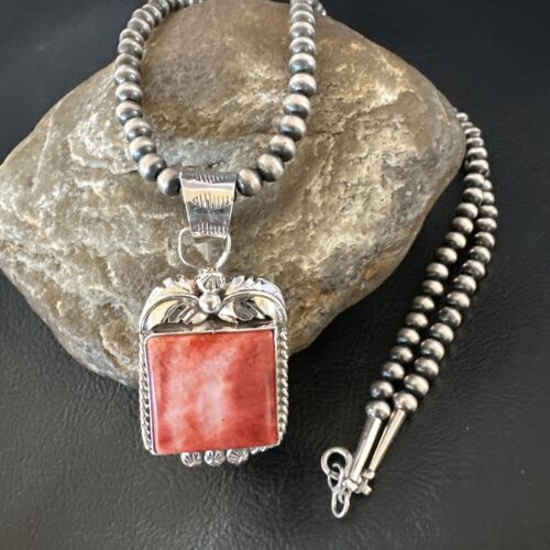 Navajo Red Spiny Oyster Pendant Necklace | Sterling Silver | Authentic Native American Handmade | 16147