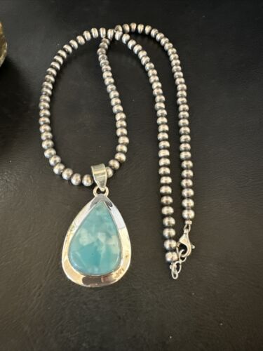 Navajo Blue Larimar Pendant Necklace | Sterling Silver Beads | Authentic Native American Handmade | 17569 - Masha USA