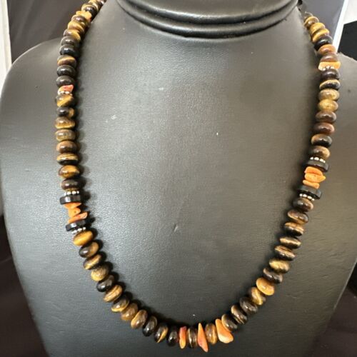 Navajo Tigers Eye Coral Necklace | Sterling Silver | 18" | Authentic Native American Handmade | 13312