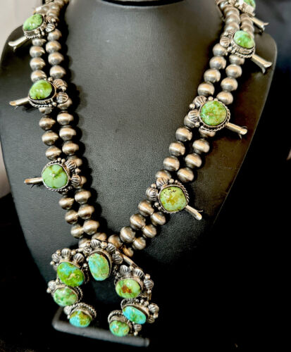 Navajo Green Sonoran Gold Turquoise Squash Blossom Necklace Pendant | Sterling Silver | Native American Handmade | 16546