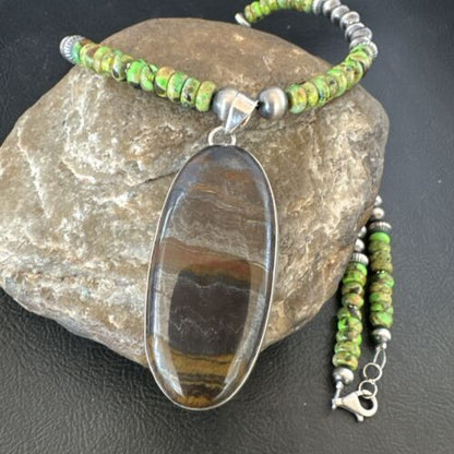 Navajo Green Turquoise Jasper Pendant | Sterling Silver Necklace | Authentic Native American Handmade | 17053