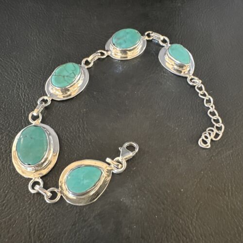 Navajo Blue Turquoise Link Bracelet | Sterling Silver | 8" | Authentic Native American Handmade | 15478