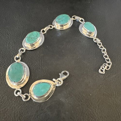 Navajo Blue Turquoise Link Bracelet | Sterling Silver | 8" | Authentic Native American Handmade | 15478